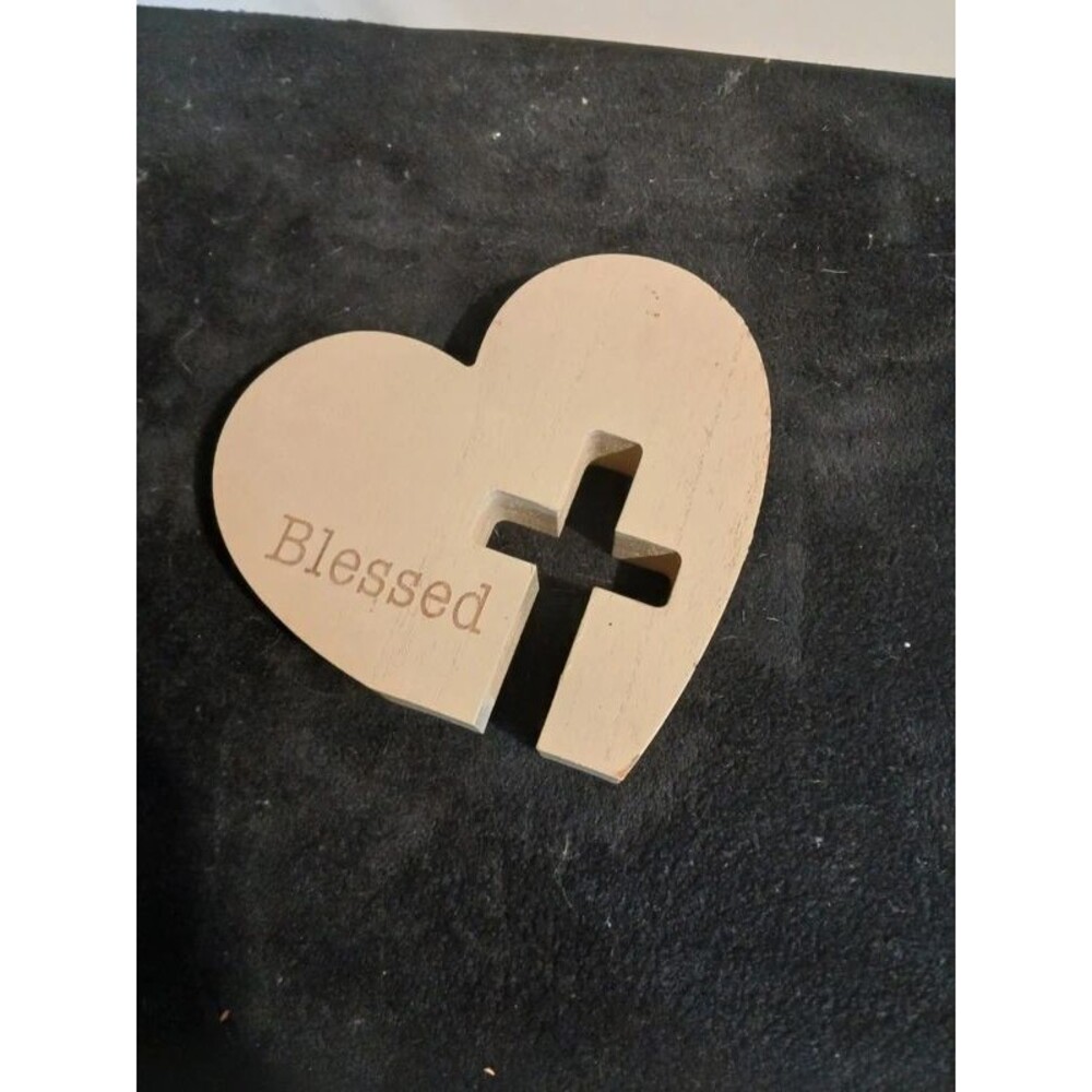 Blessed Wooden Heart Cross Christian Faith Tabletop Decor